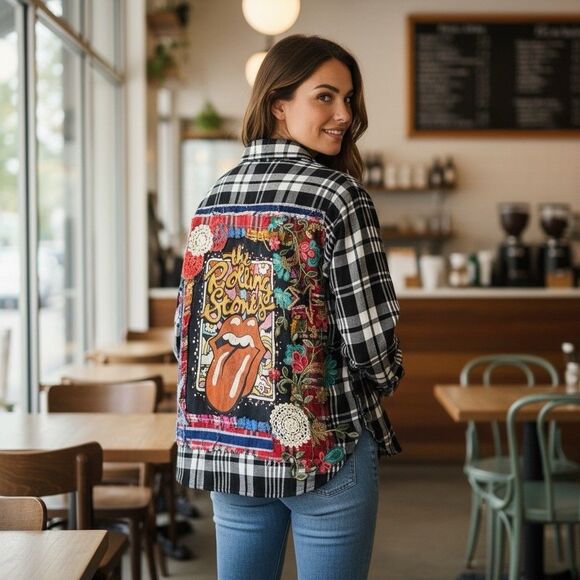 Upcycled Flannel Shirt Womens XL Rolling Stone Grunge Shacket Rock Concert Art - Picture 14 of 16